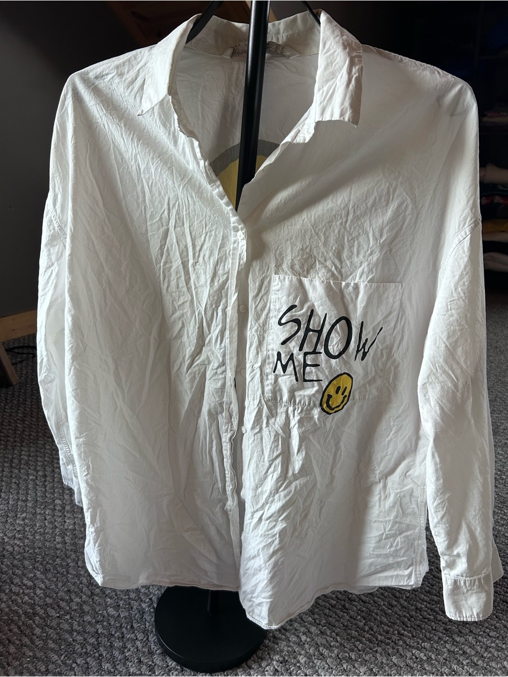Zara White Button-Down Shirt with Pocket Graphic